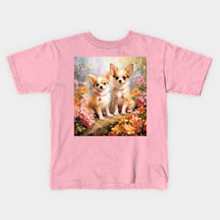 Chihuahuas in a Flower Garden (Watercolor) Kids T-Shirt